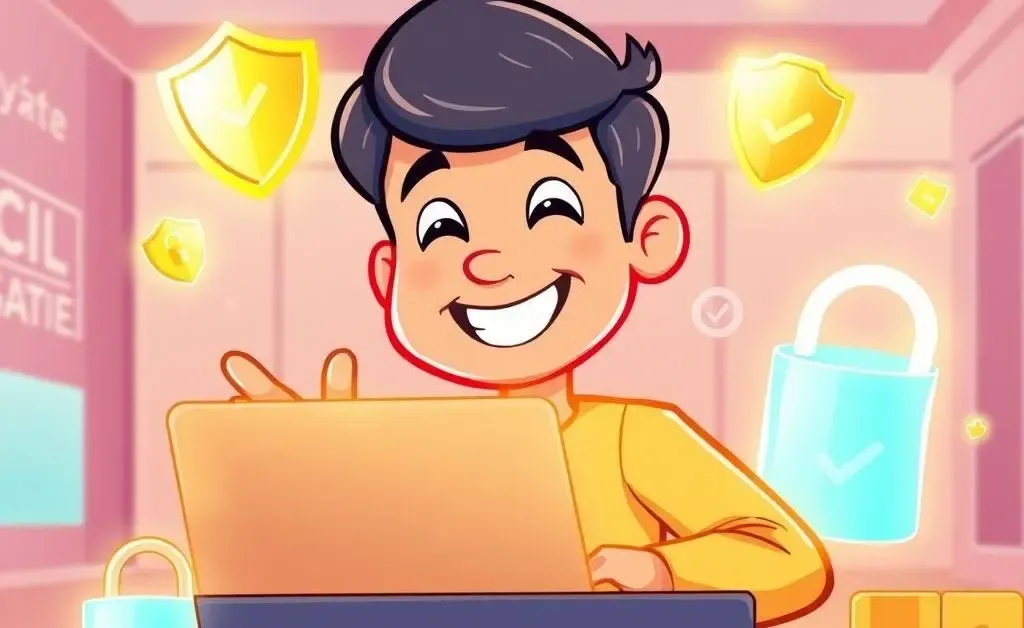 A cartoon of someone shopping online safely with security icons around the computer.