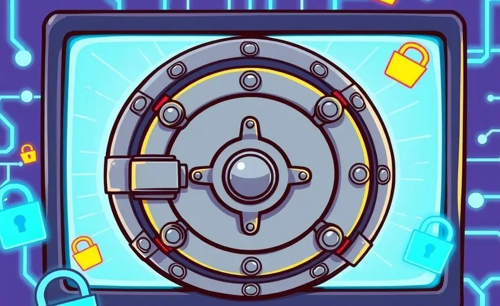 A cartoon-style illustration of a bank vault door within a computer screen, suggesting online security