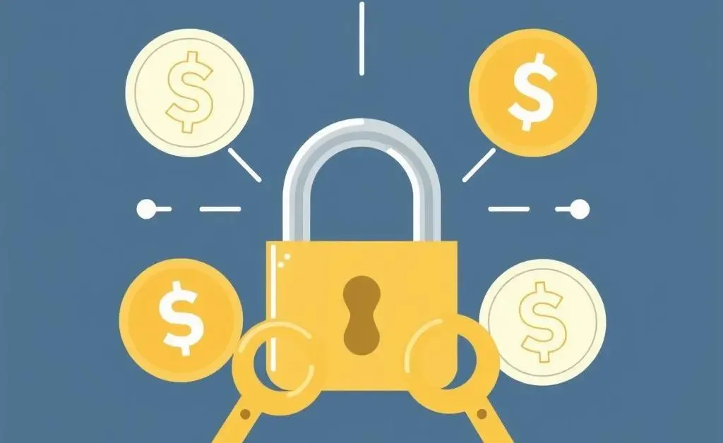 Digital security icons around currency symbols