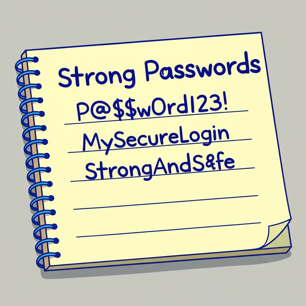 A notepad with strong password examples.