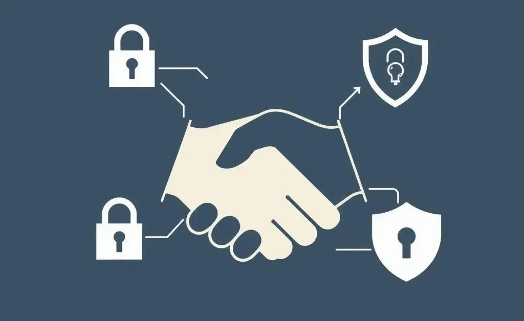 A digital handshake symbolizing secure financial transactions with security symbols.