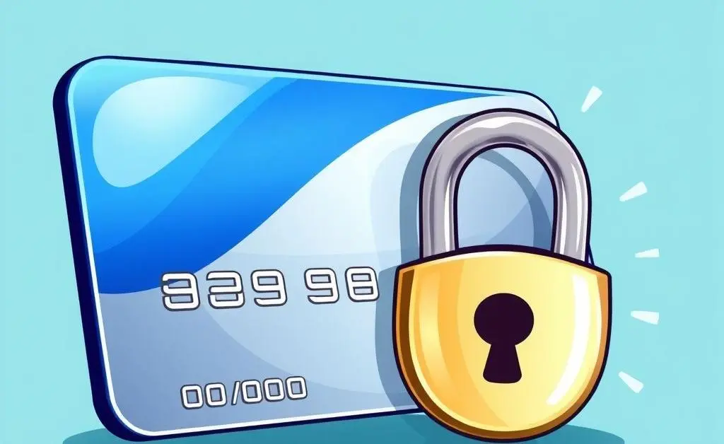 Cartoon of a secured credit card with a padlock symbol beside it