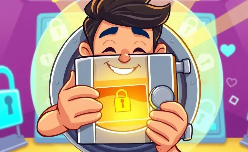 Cartoon of a person holding a secure vault with a credit card inside.