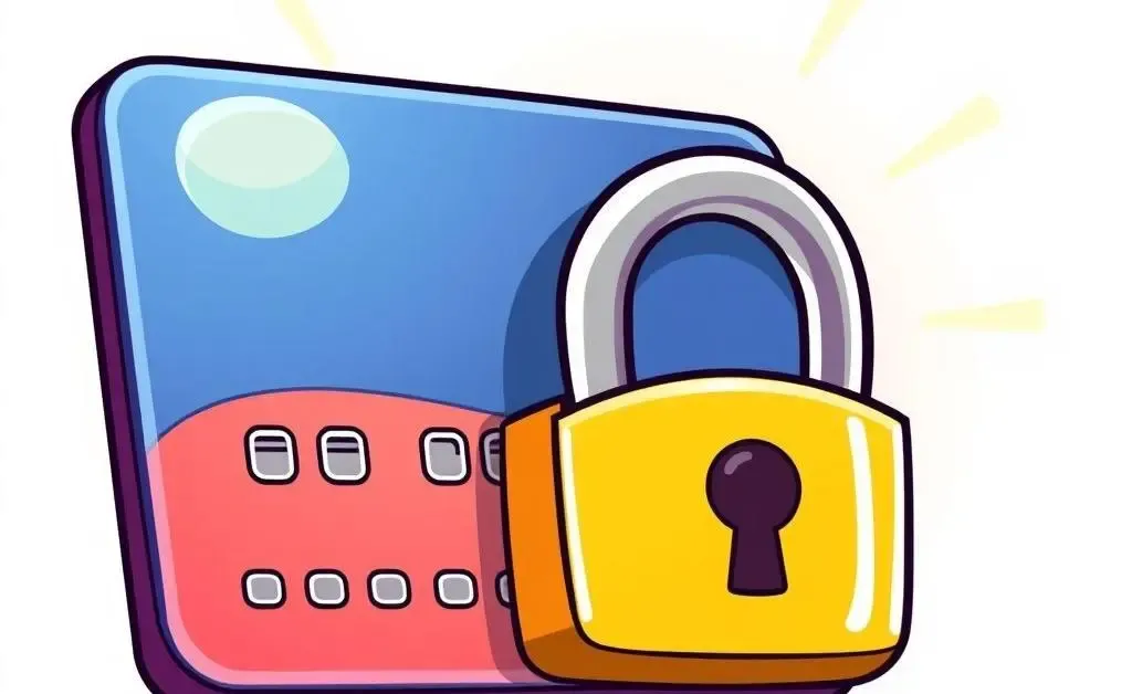 A friendly cartoon of a credit card shielded by a lock for security