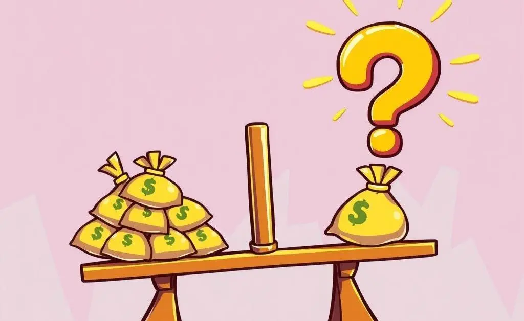 Cartoon of a seesaw with money bags and a question mark, symbolizing market volatility