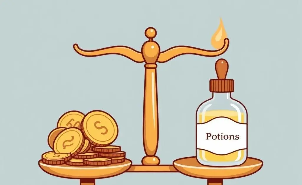 A cartoon-style scale balancing coins and self-care items