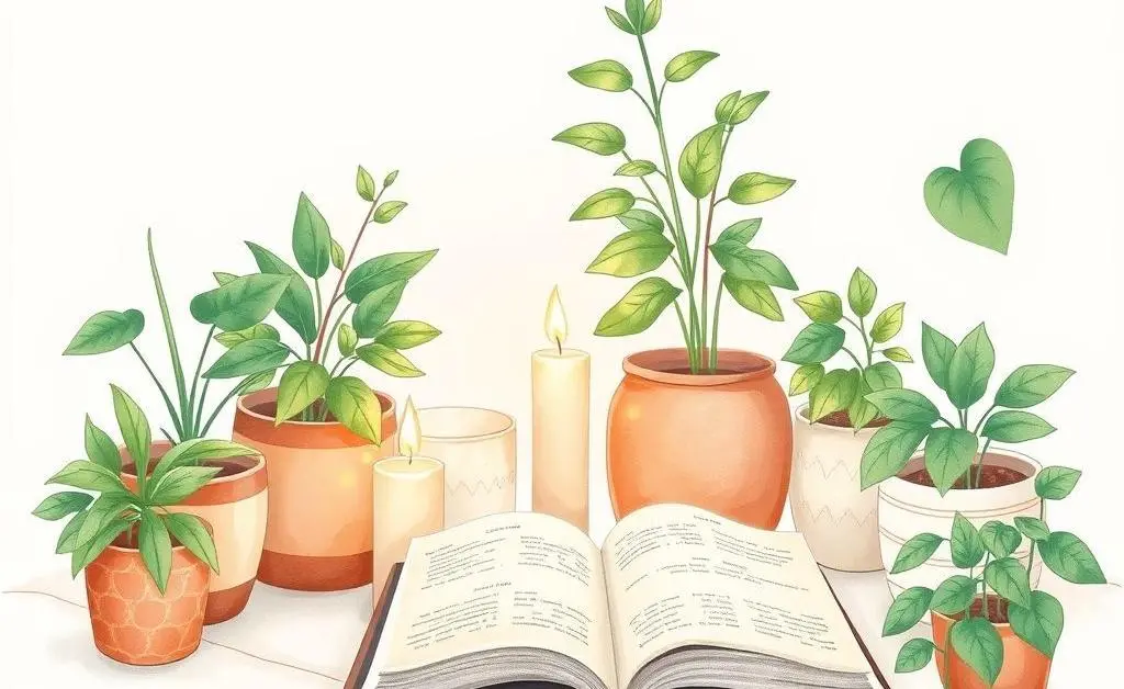 A calming self-care ritual setup with candles, plants, and a book.