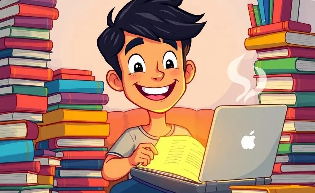 A cartoon of a person surrounded by books, a laptop, and a coffee cup, happily learning at home.