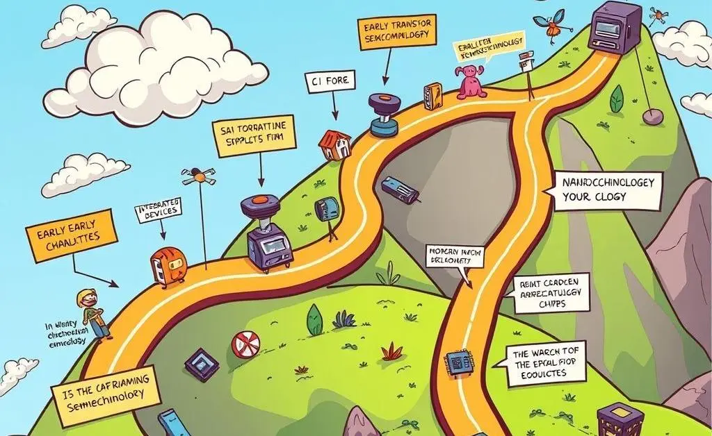 A cartoon-style roadmap showing the evolution of semiconductor technology.