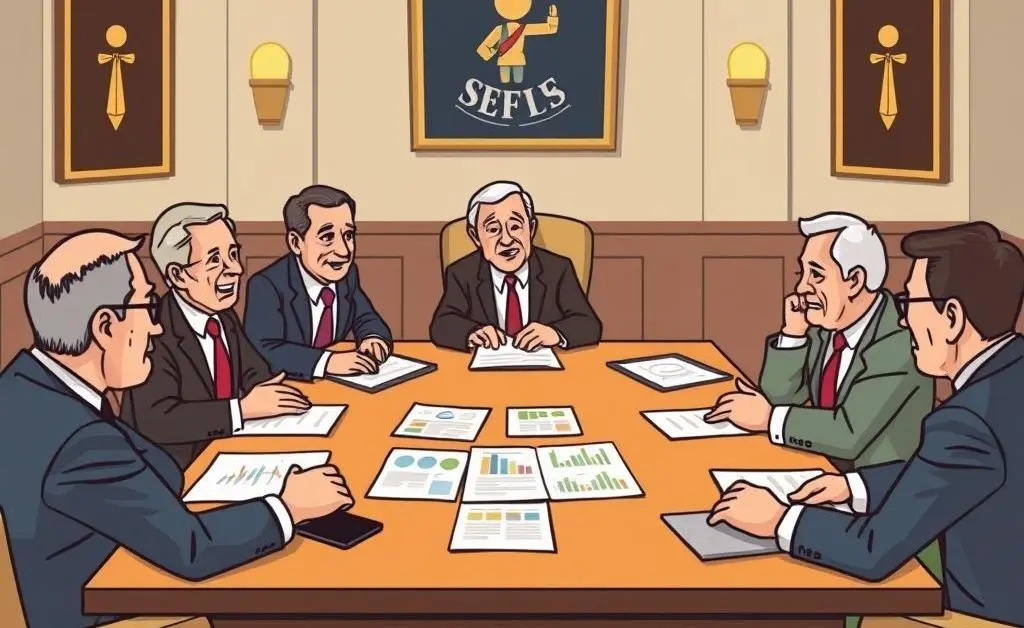 Cartoon-style image of senators discussing in a meeting