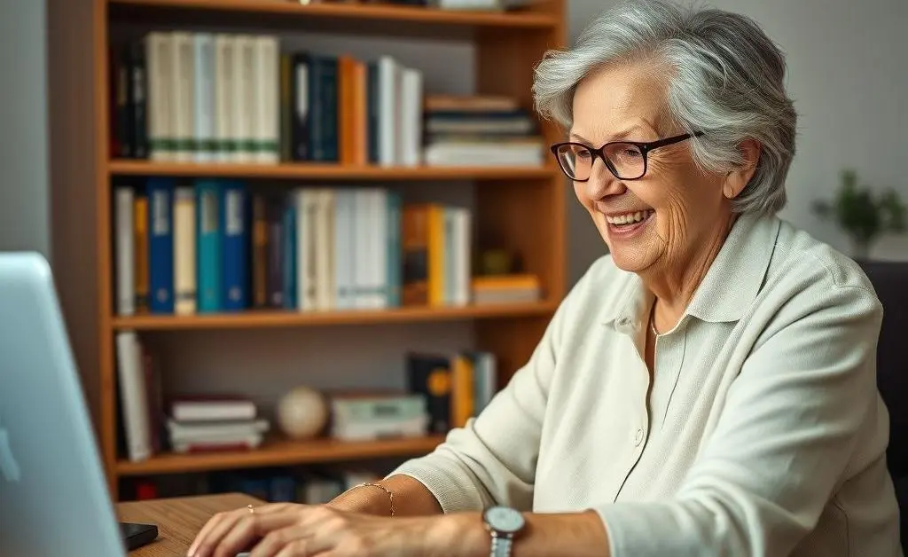 Senior woman at computer researching healthcare plans