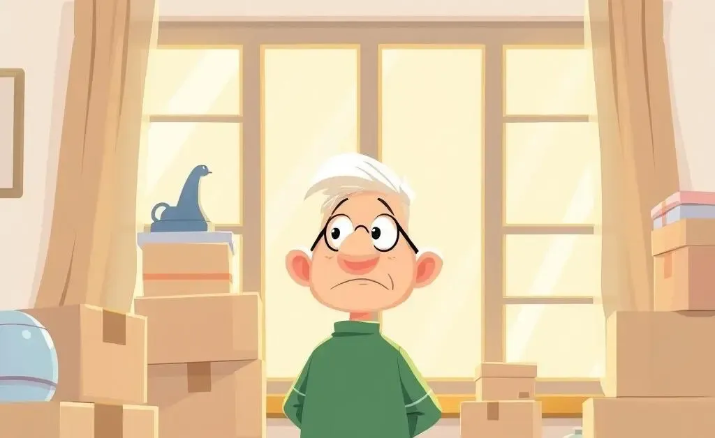 Senior person looking out a window, surrounded by boxes