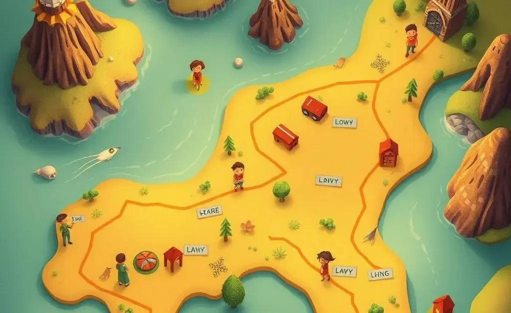An illustration showing a map with whimsical serendipitous markers and pathways.