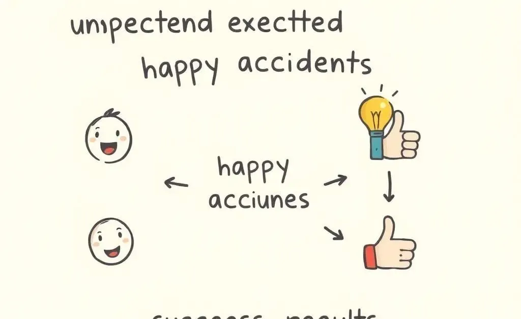 Simple cartoon-style flow chart showing serendipity moments leading to positive outcomes.