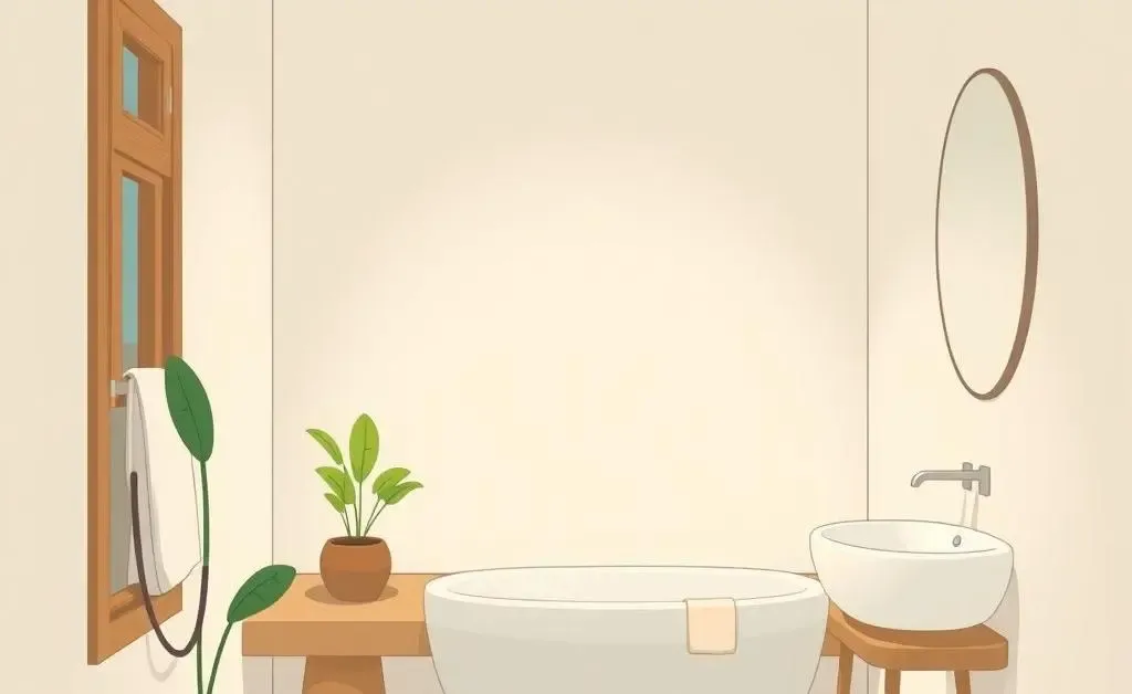 A serene minimalist bathroom with plants and natural materials