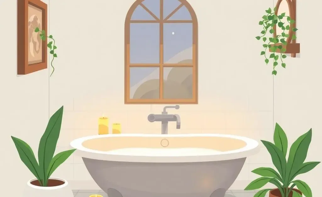 Serene bathroom with bathtub, candles, and plants
