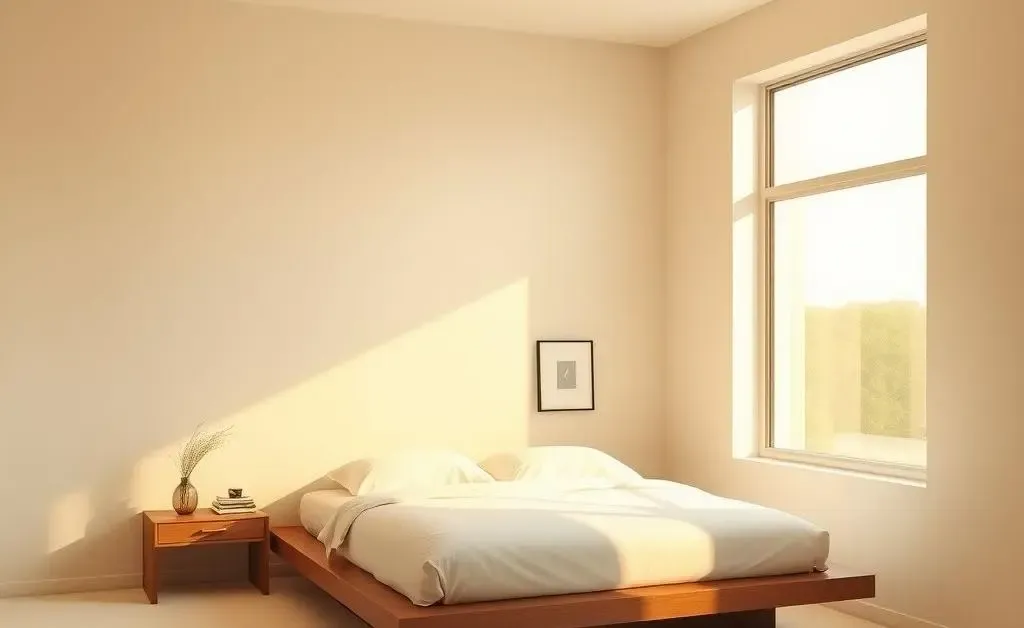 A minimalist bedroom with a sunlight glow and very few decorative items