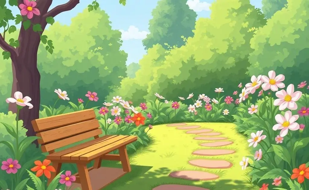 A cartoon-style serene garden path with blooming flowers and a wooden bench.