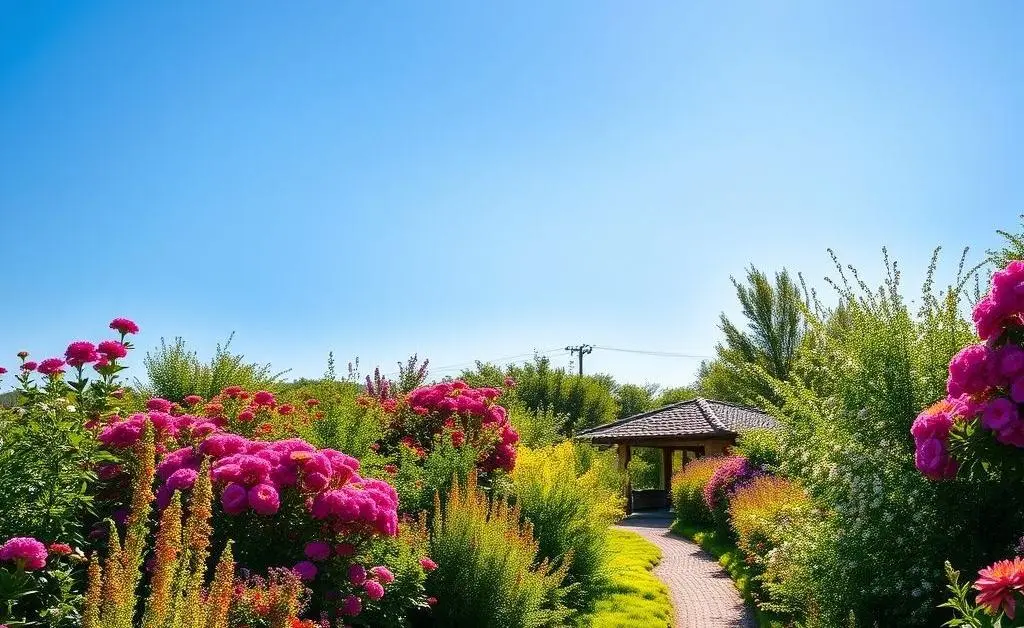 Serene garden path with flowers and greenery
