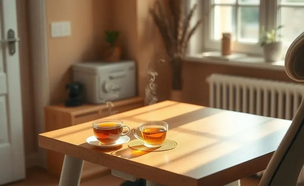 A serene home office setup with a desk, comfortable chair, and a cup of tea.