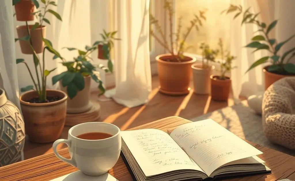 Illustration of a peaceful morning routine with a cup of tea and a notepad.