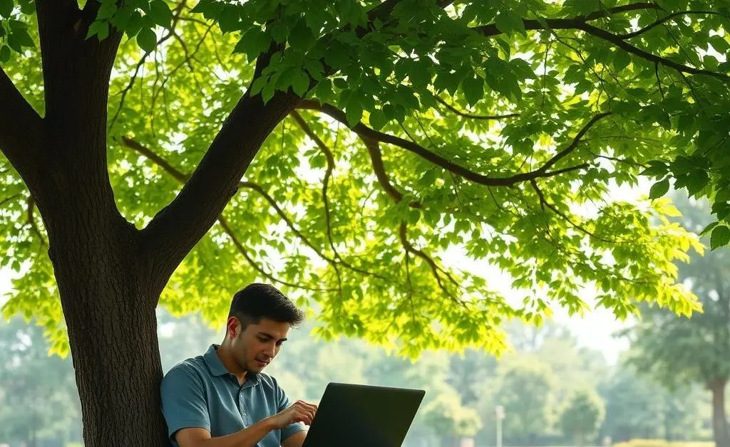 A serene scene with a person contemplating investment options on a laptop under a tree.