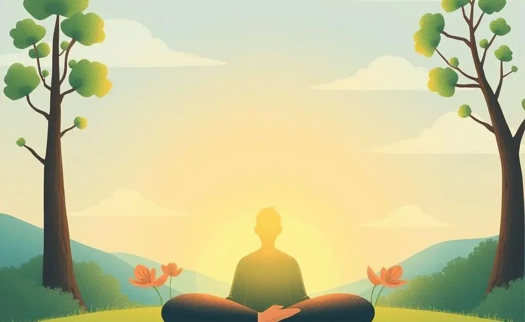Calming illustration of a person meditating in a tranquil nature scene.