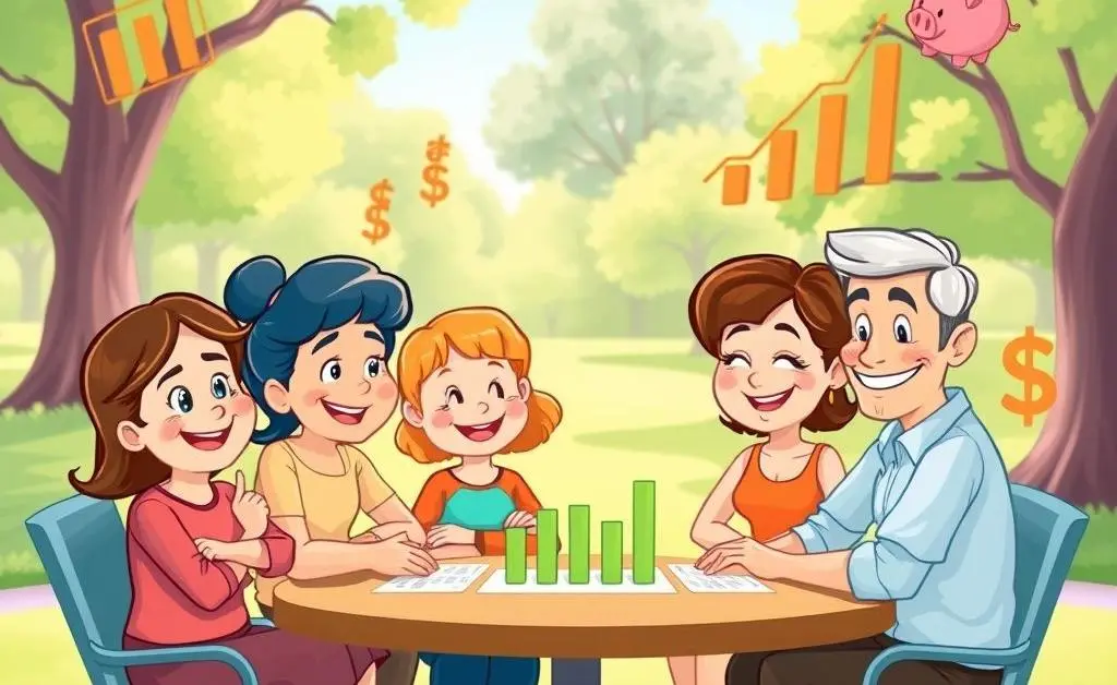 Planning retirement with smiles surrounded by symbolic investment icons.