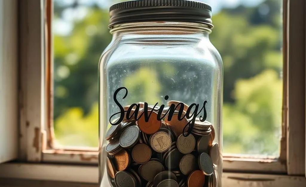 A glass jar labeled 'Savings' filled with coins, placed on a windowsill.