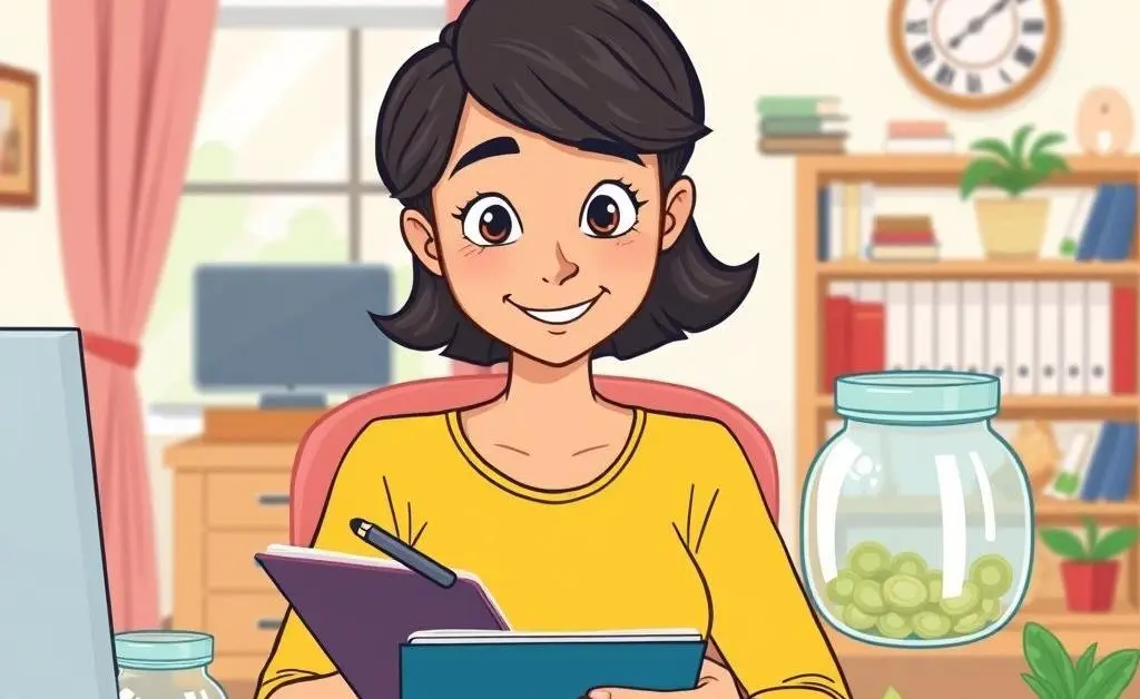 A person setting financial goals with a notebook and savings jar in a pleasant home office.