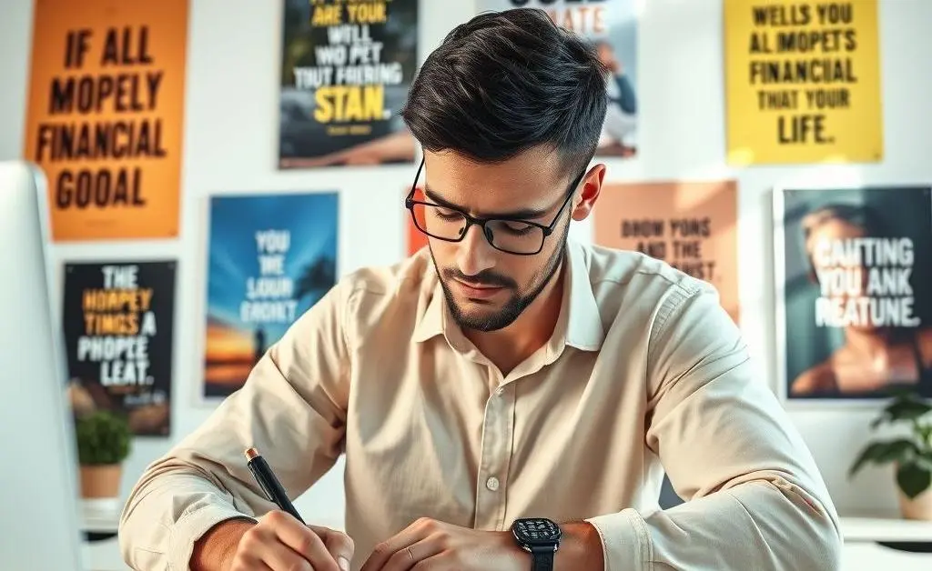 Person writing financial goals with motivational posters