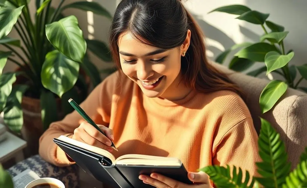 A cheerful person writing financial goals in a planner surrounded by coffee and plants.