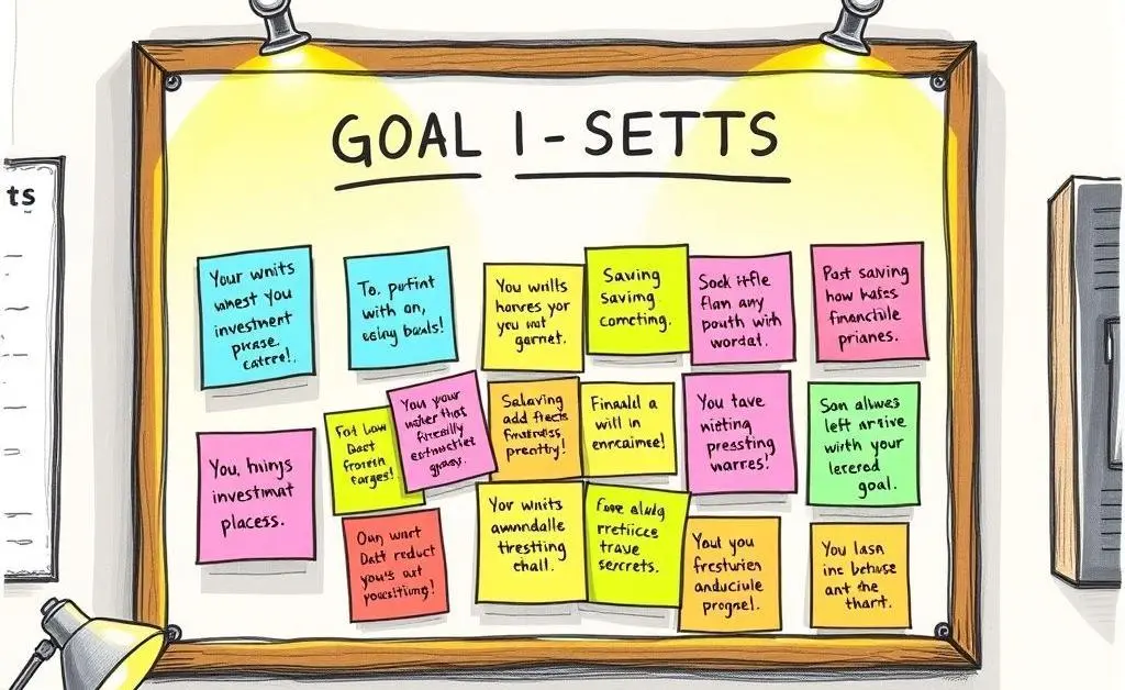 A goal-setting board with financial goals written on sticky notes.