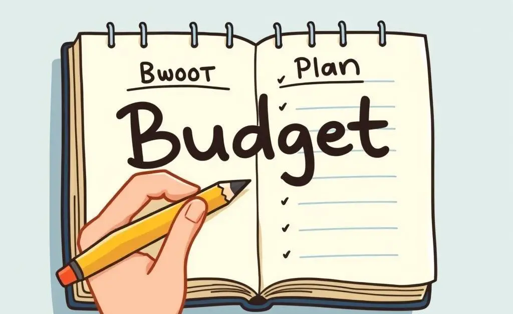 A cartoon-style notebook with a hand holding a pencil, writing out a budget plan
