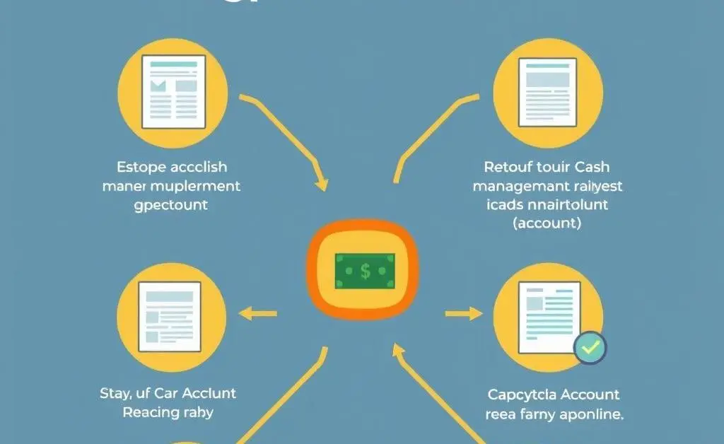 A cartoon-style step-by-step visual guide on setting up a Cash Management Account online.