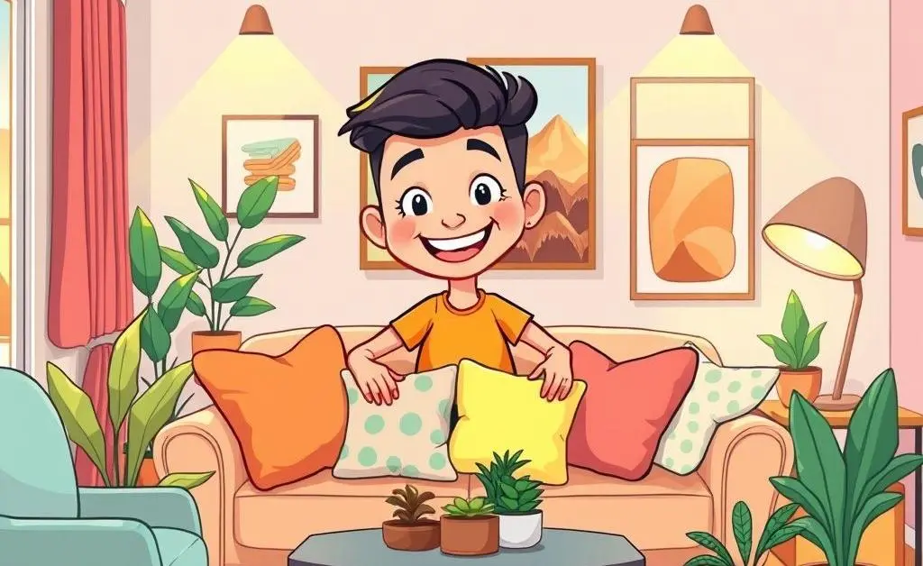 Cartoon-style illustration of a person setting up a stylish and inviting rental space.
