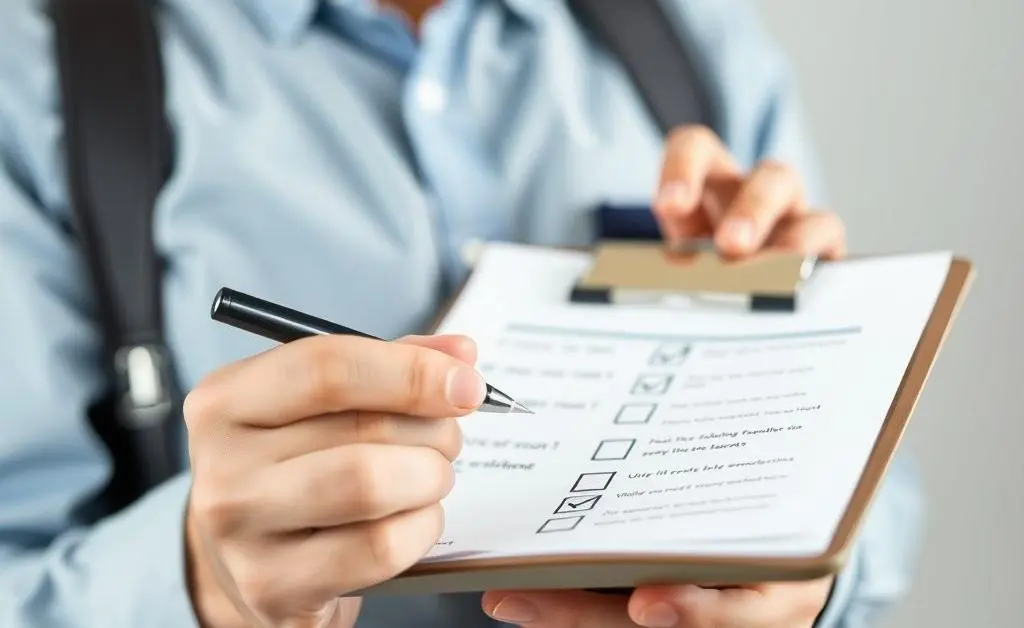 Person holding a clipboard checking off a claim checklist with a smile