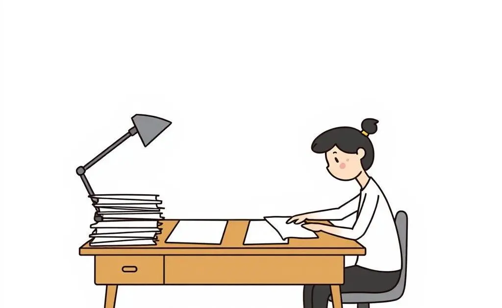 A minimalist cartoon depicting a person organizing papers at a desk.