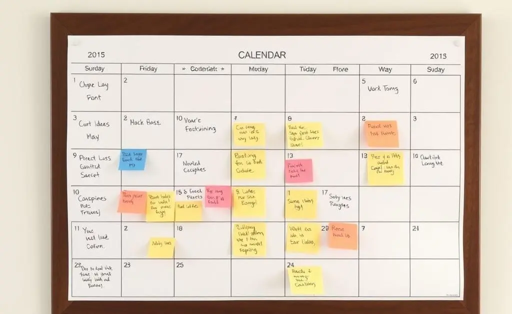 A shared calendar on a wall, showing notes for chores and activities