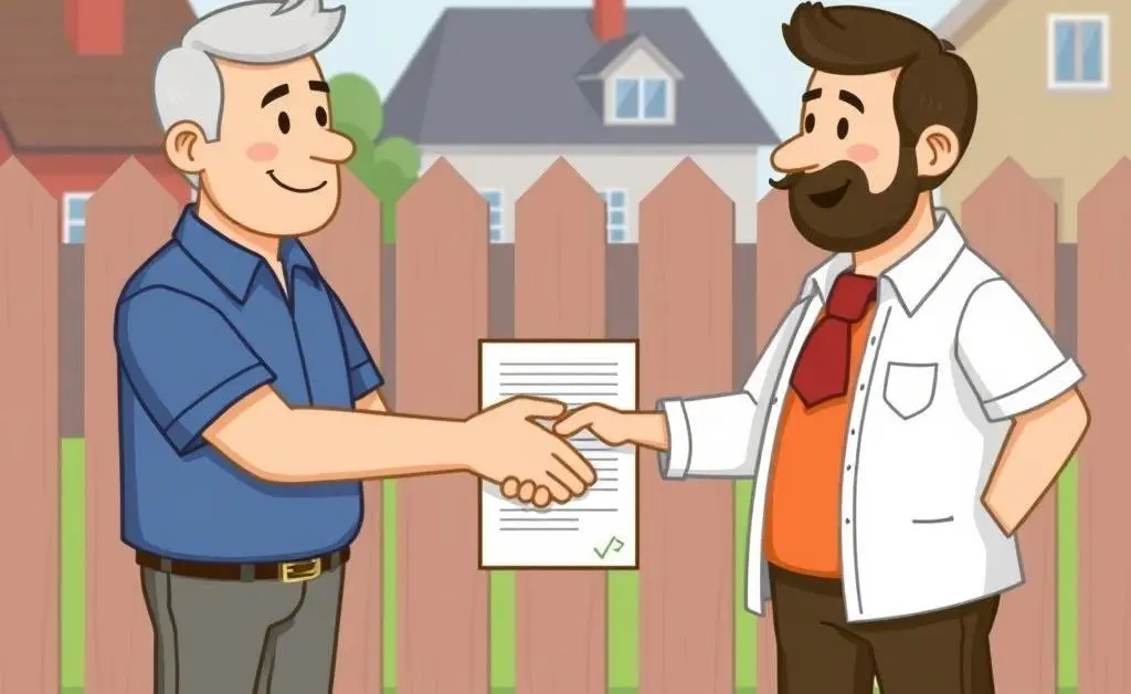 Illustration of two neighbors shaking hands with an agreement document between them near a fence.