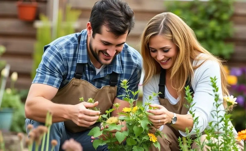 A couple enjoying a shared hobby like gardening, conveying teamwork and collaboration.