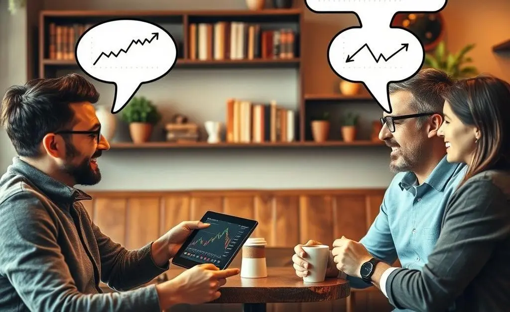 Two people in a cafe animatedly discussing investment plans, with speech bubbles showing stock graphs and calculations.
