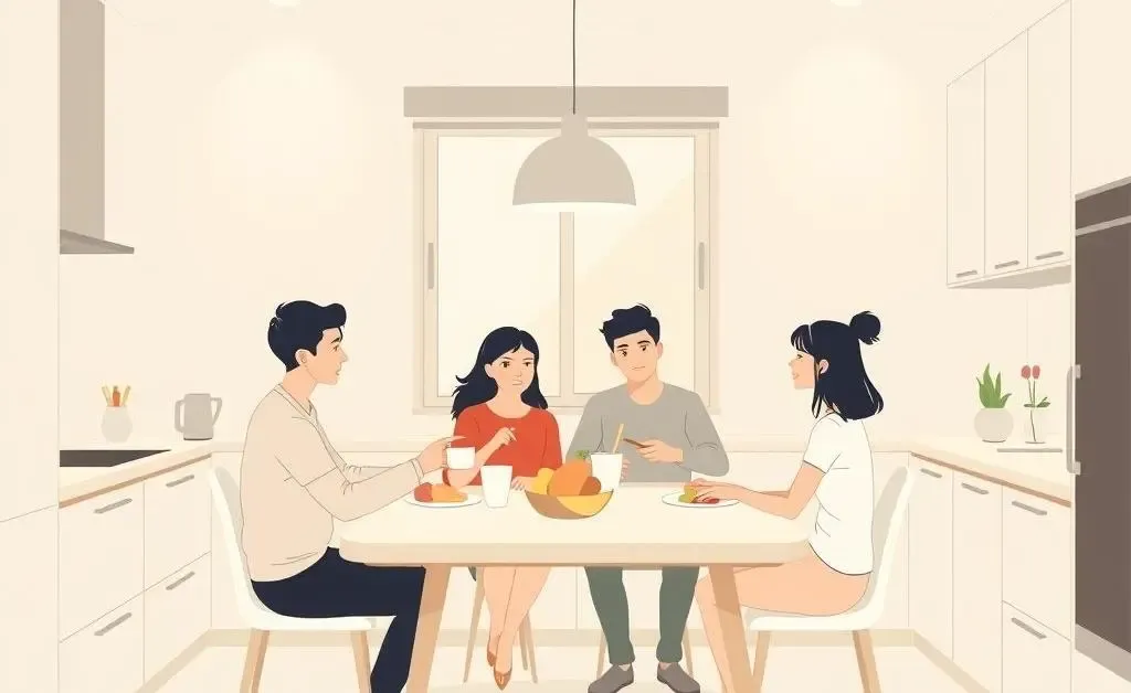 Minimalist image of a family sharing a meal in a well-organized kitchen.