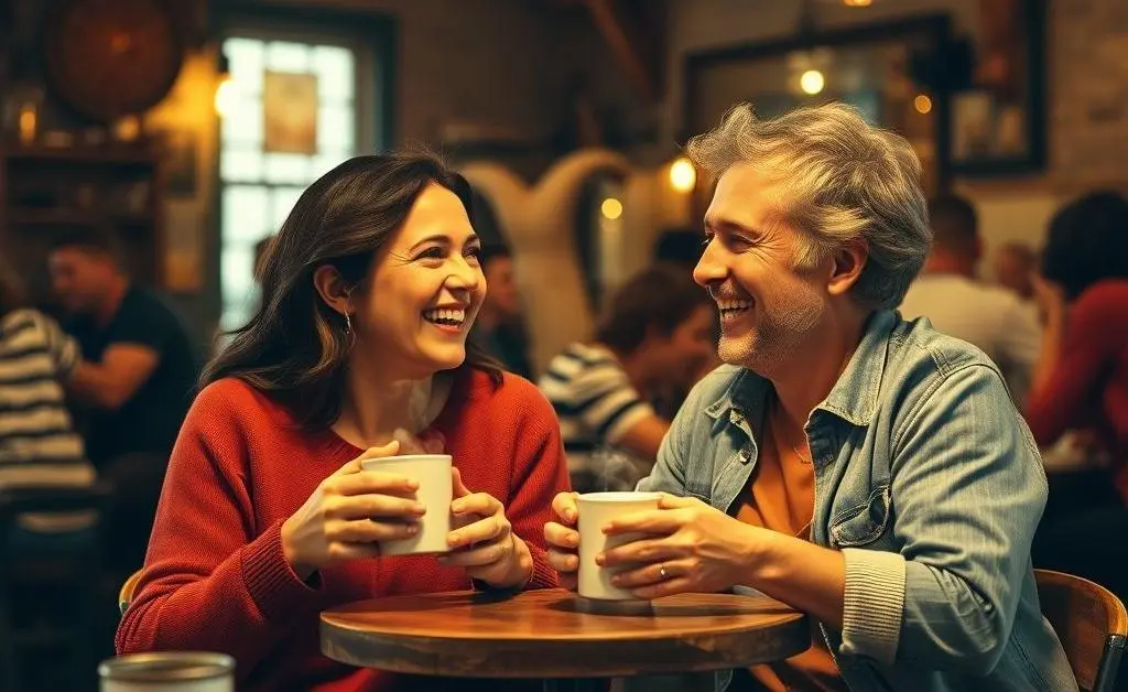 Two friends laughing at a cafe