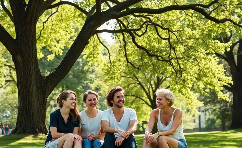 A group of friends laughing together at a picnic table in a sunny park.