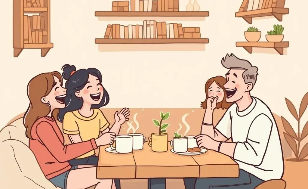 Friends laughing and enjoying conversation at a café