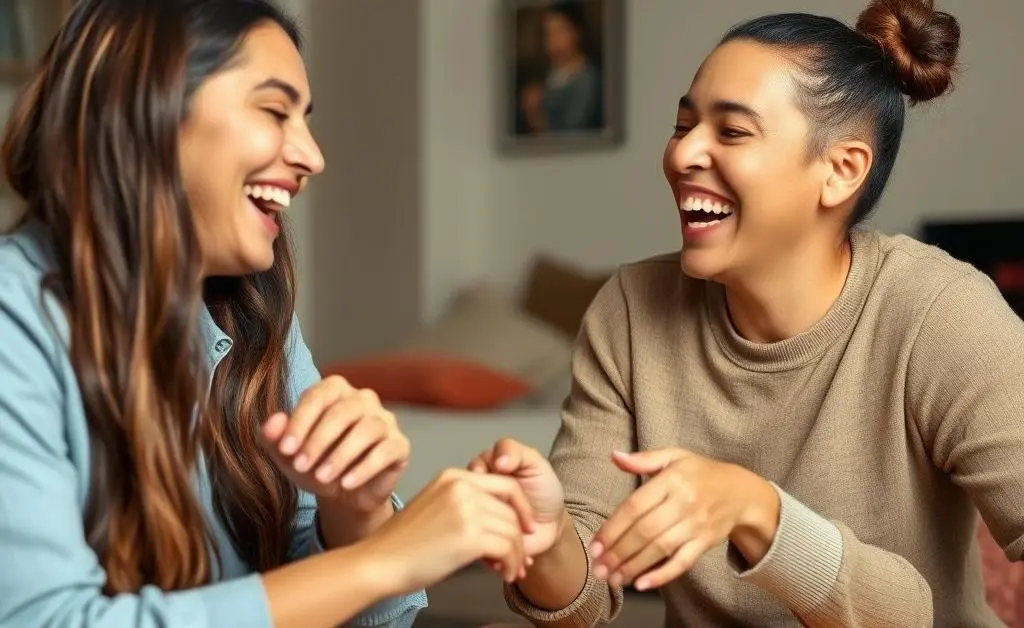 Two friends enjoying a board game, laughter and connection evident in their smiles.