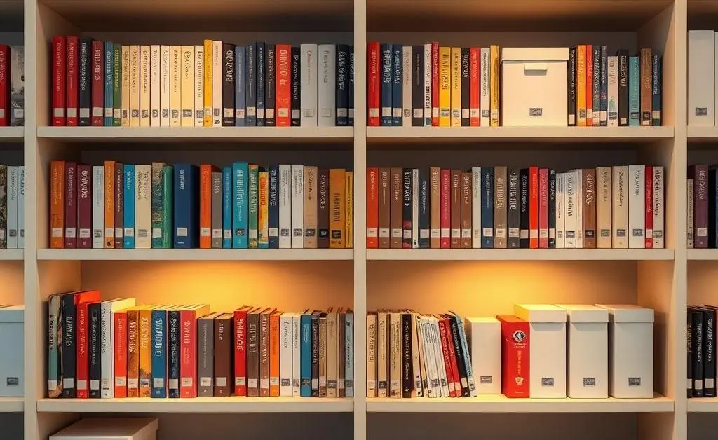 A set of neatly organized shelves with books and storage boxes in various sizes.