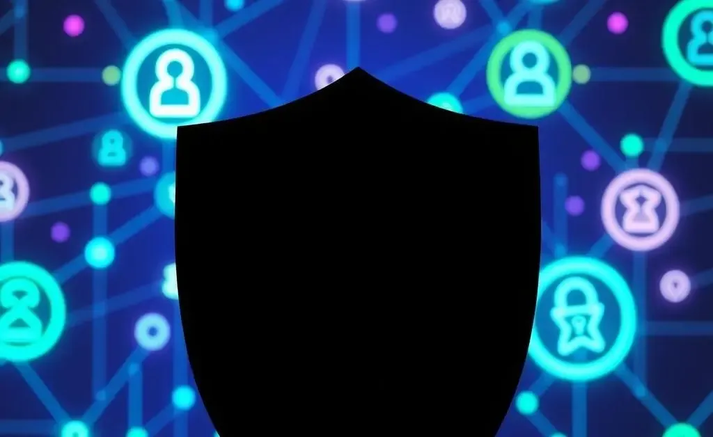 A silhouette of a shield in front of digital icons representing reputation protection