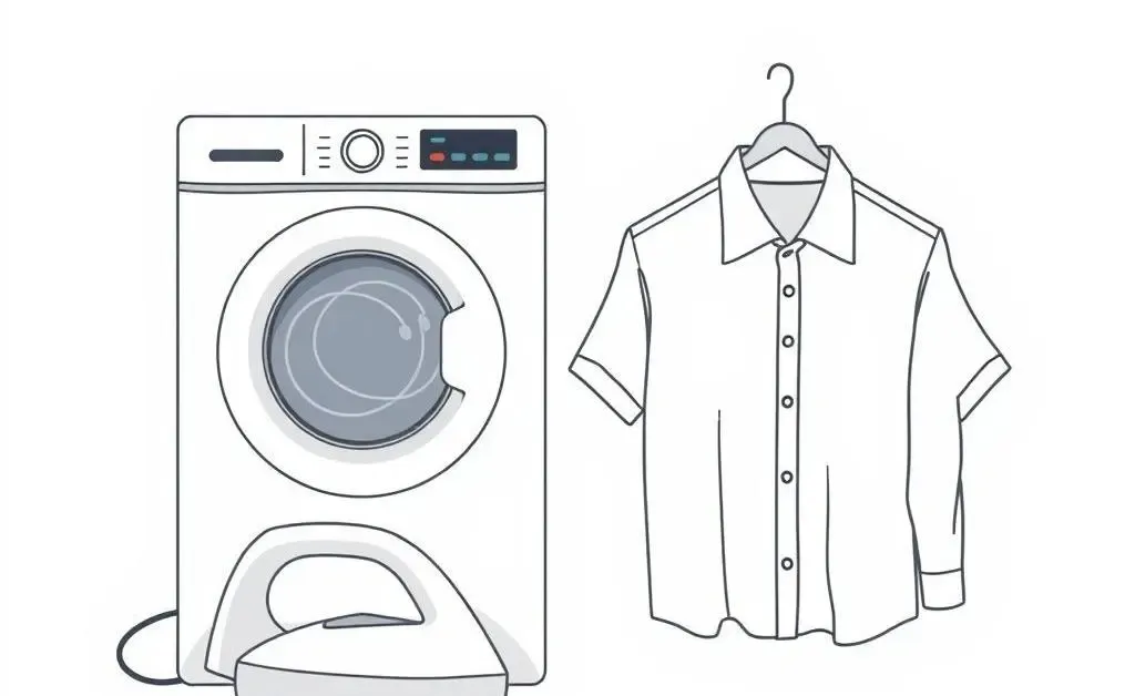 Illustration of washing machine, iron, and a hanger for shirt care.